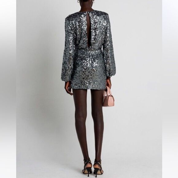 NWT O.P.T Anthropologie Silver Grey Sequin Deep V Neck Mini Party Dress Xsmall - Picture 2 of 7